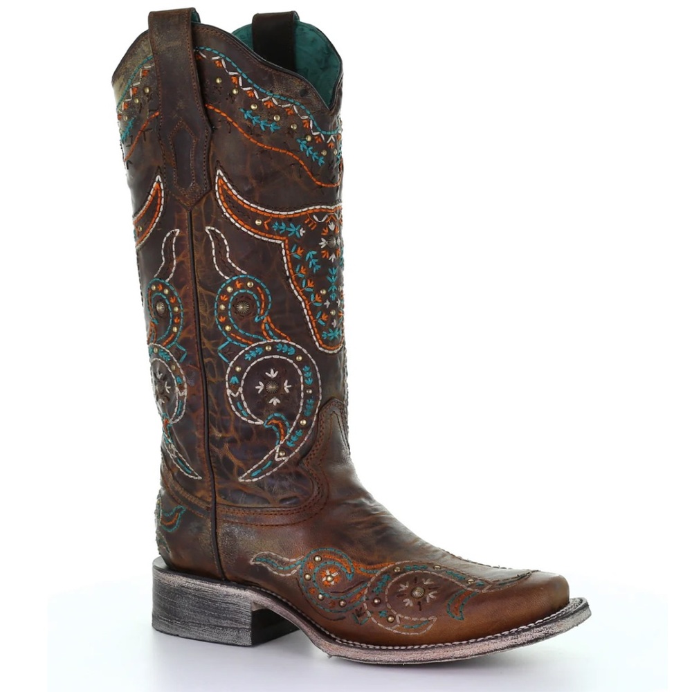 CORRAL HONEY/MULTICOLOR EMBROIDERY & STUDS SQ TOE A3838, SIZE 7 1/2